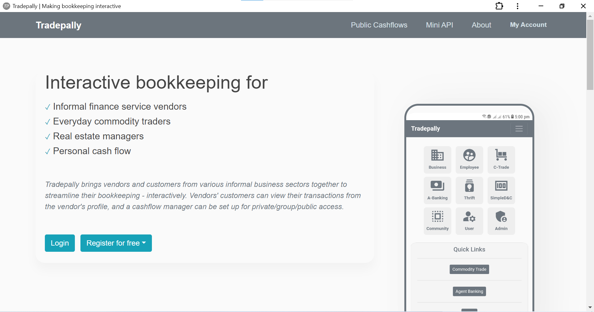 Screenshot of Tradepally homepage